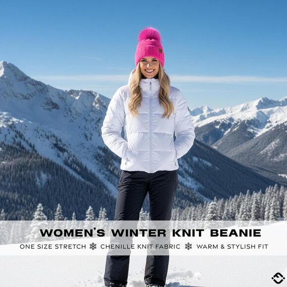 Women\'s Chenille Beanie Pink Pom Pom Winter Hat Faux Fur Warm Ski Cap